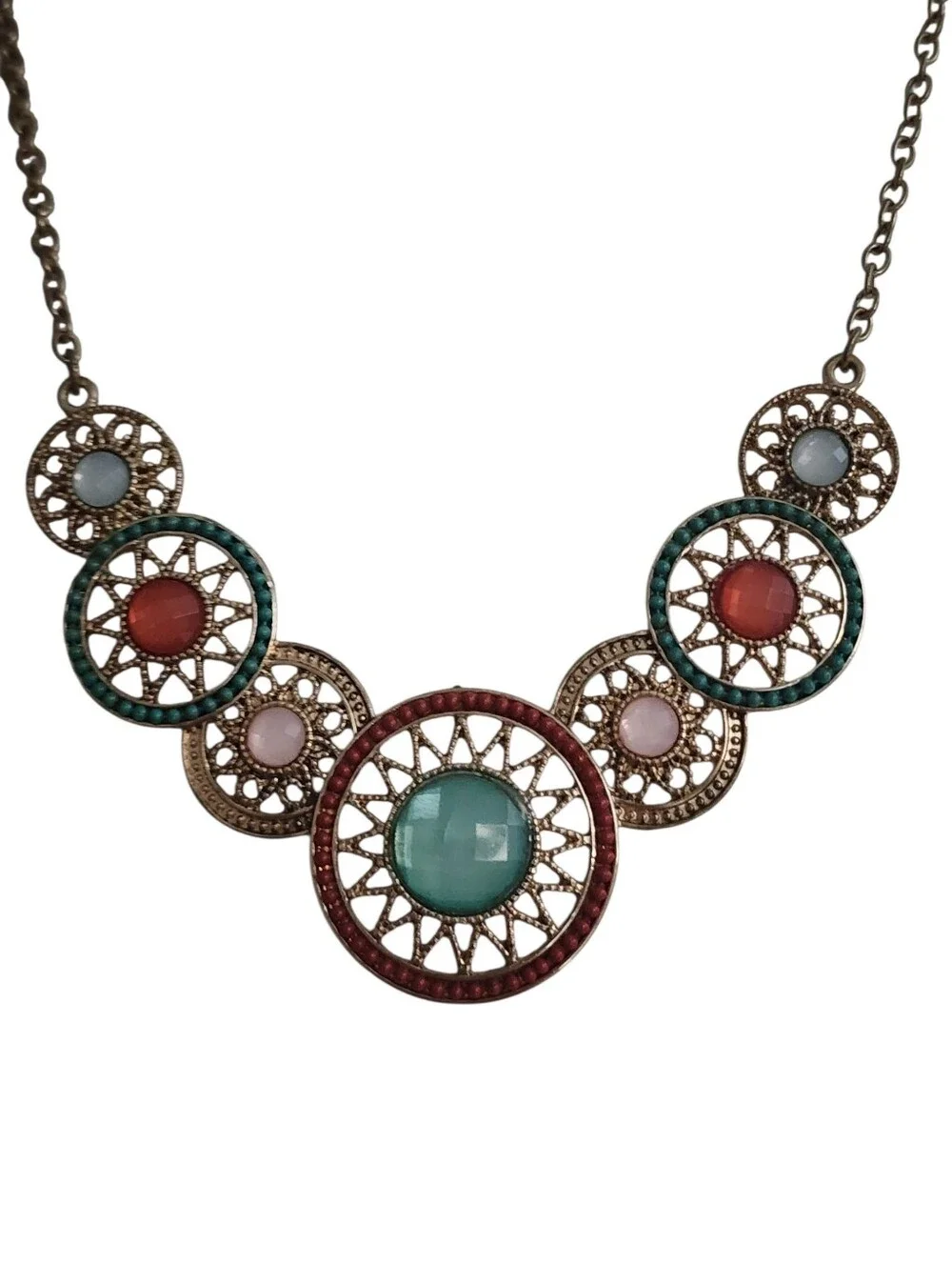 Boho Multi-Color Filigree Medallion Statement Necklace